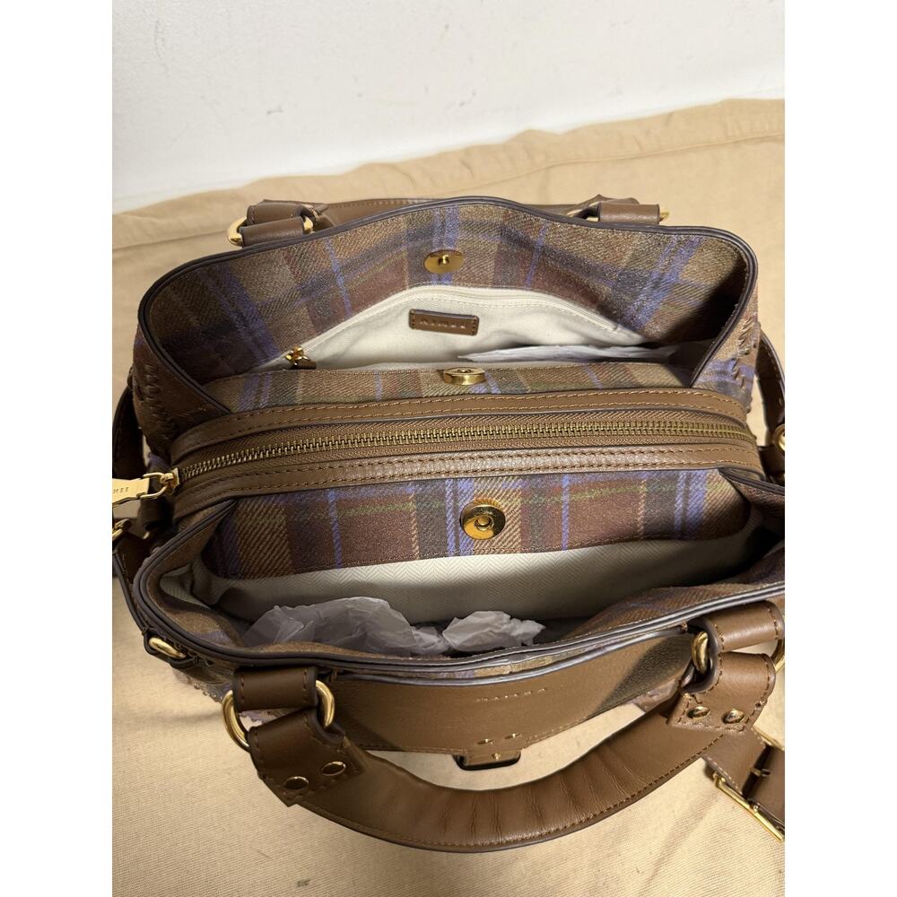 Aimee Satchel Bag Womens Medium Brown Leather Tweed Plaid Top Handle Crossbody - Picture 8 of 14